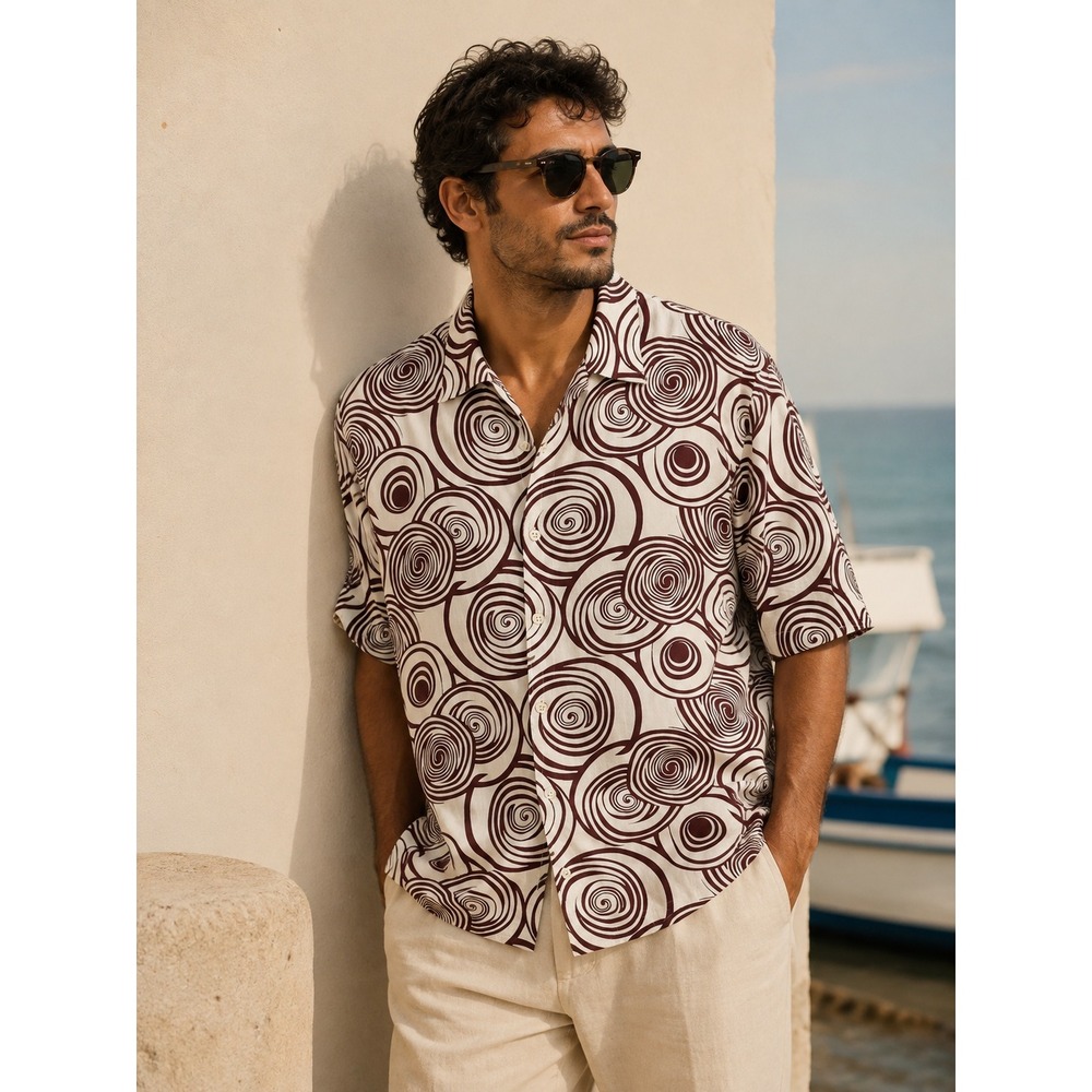 John Henry Mens XXL  100% Silk Button Up Shirt Swirl Luxury Coastal Relaxed